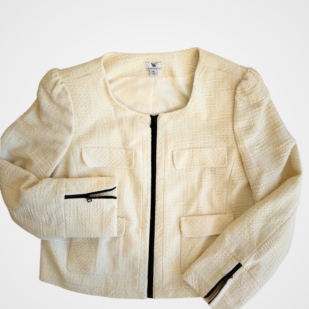 Worthington Cream Tweed Zipper Front Jacket XL Boucle Metallic Blazer